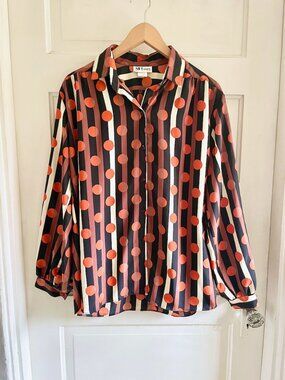 Vintage 80s All Hours Flowy Orange Dot Striped Mod Blouse L